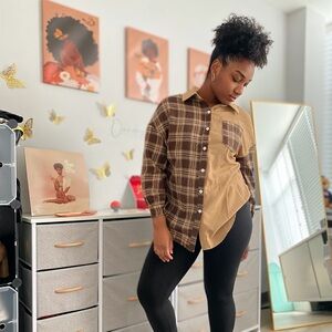 Plaid Print Colorblock Button Front Shirt | Size: S